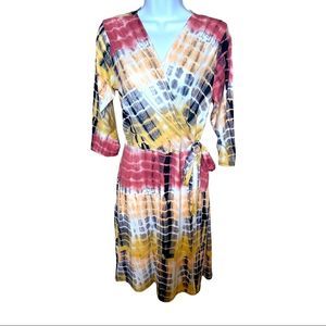 Jeyrey Pink Faux Wrap Ombré Tie Dye Belted Waist 3/4 Sleeve Dress